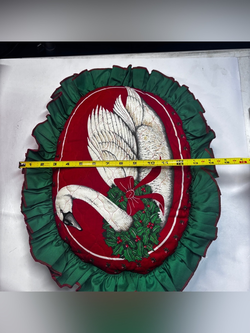 Vintage Christmas Swan Holly Wreath Toss Pillow Seasonal Grandma core Country - Picture 10 of 10